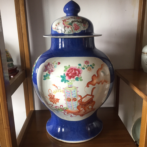 古玩陶瓷清光緒灑藍釉開光粉彩博古清供花鳥紋將軍蓋拍賣，當前價格38000元