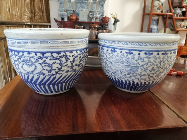 古玩陶瓷青花卷缸 一對拍賣，當前價格3666元