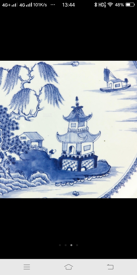 古玩陶瓷青花亭臺樓閣山水人物紋大盤拍賣，當前價格18000元