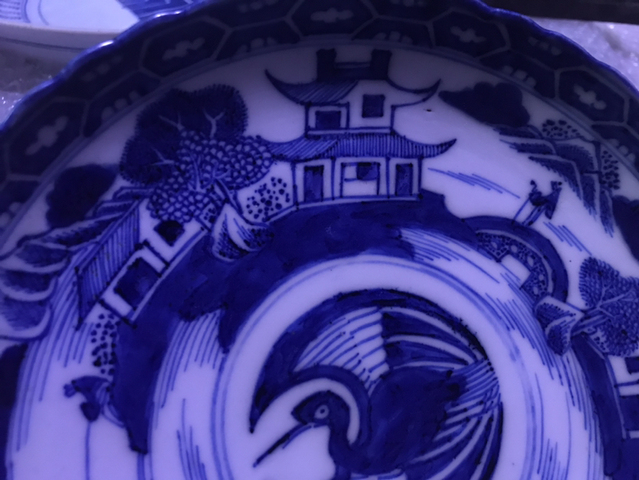 古玩陶瓷清嘉慶青花團鶴山水樓閣紋盤（精品）拍賣，當前價格1800元