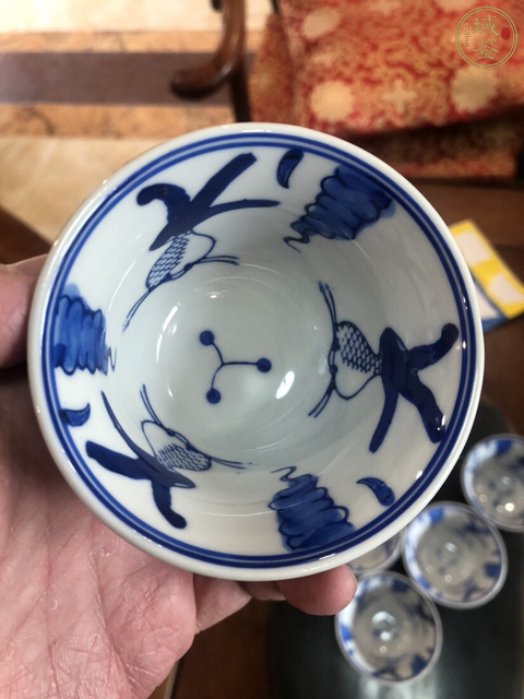 古玩陶瓷外紫金釉內青花魚藻紋杯（一組六個）拍賣，當前價格980元