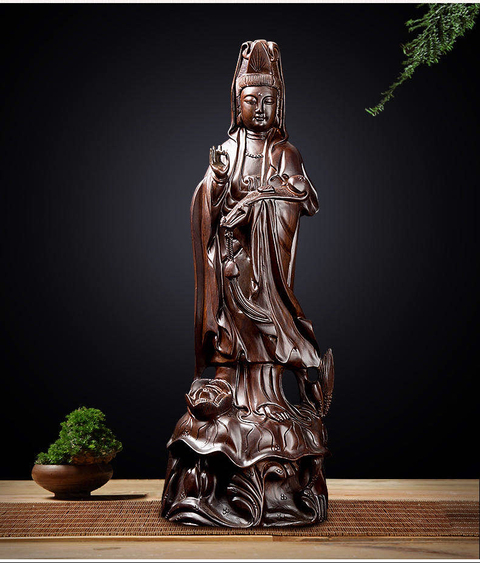 古玩雜項(xiàng)黑檀木雕刻觀音立像拍賣，當(dāng)前價(jià)格2800元