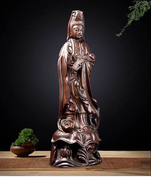 古玩雜項(xiàng)黑檀木雕刻觀音立像拍賣，當(dāng)前價(jià)格2800元