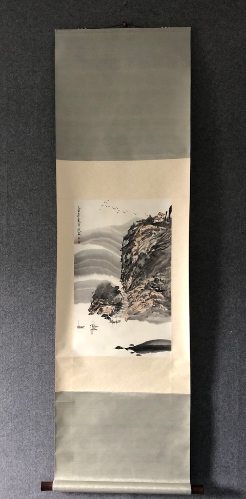 古玩字畫河北籍名家 中美協理事 中美協會員 楊延文先生 淺降山水 手工原裱立軸拍賣，當前價格8600元