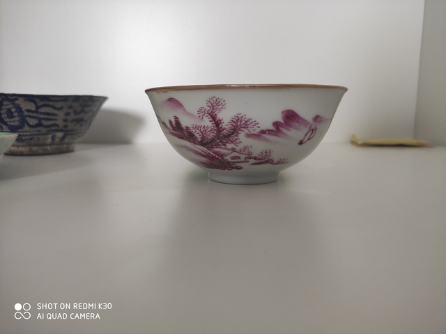 古玩陶瓷胭脂紅山水紋碗拍賣,當前價格999元