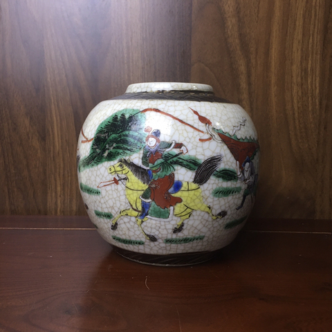 古玩陶瓷成化年造款哥釉地鐵銹釉五彩刀馬人罐拍賣，當前價格1666元