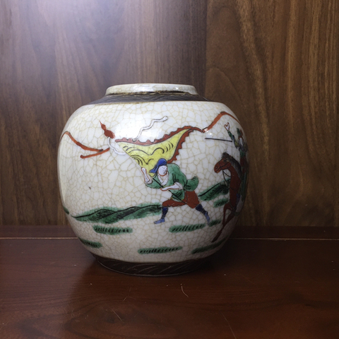 古玩陶瓷成化年造款哥釉地鐵銹釉五彩刀馬人罐拍賣，當前價格1666元