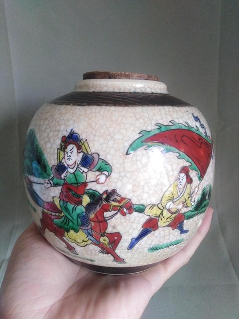 古玩陶瓷哥釉五彩刀馬人物戰(zhàn)將紋罐拍賣，當(dāng)前價(jià)格1999元