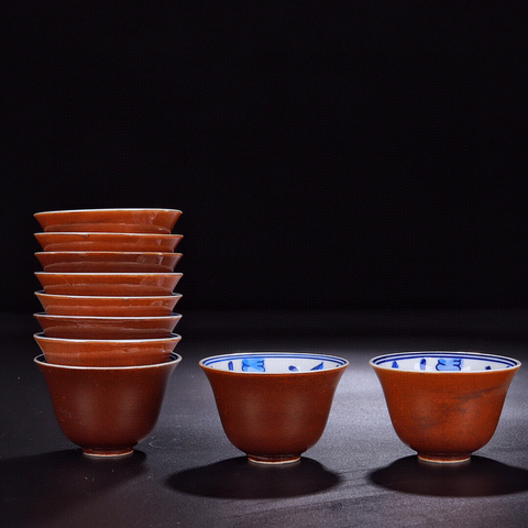 古玩陶瓷創外匯-青花海藻金魚杯十個拍賣，當前價格99元