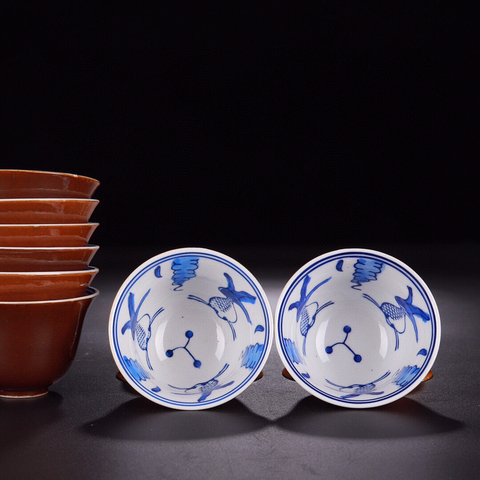 古玩陶瓷創外匯-青花海藻金魚杯十個拍賣，當前價格99元