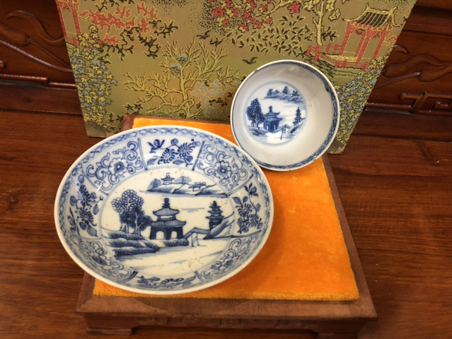 古玩陶瓷（精品）清中青花細路山水紋杯碟一套拍賣，當前價格1999元