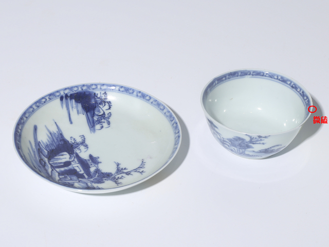古玩陶瓷清中早·青花山水樓閣紋杯碟拍賣，當前價格1999元