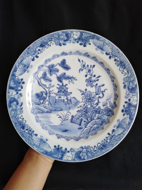 古玩陶瓷清早期乾隆山水亭臺樓閣紋青花折腰大盤拍賣,當前價格1999元