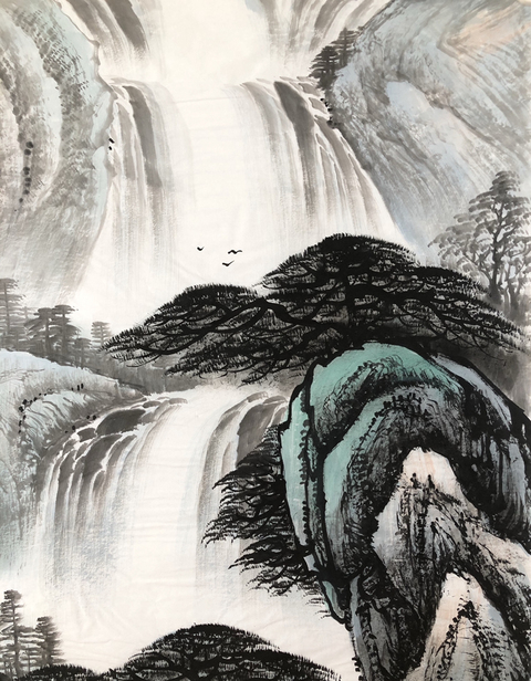 古玩字畫國家一級美術師羅學獻寫意山水圖 松下聽濤圖拍賣,當前價格100元