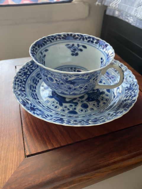 古玩陶瓷清晚-青花魚藻紋杯碟拍賣，當前價格1999元