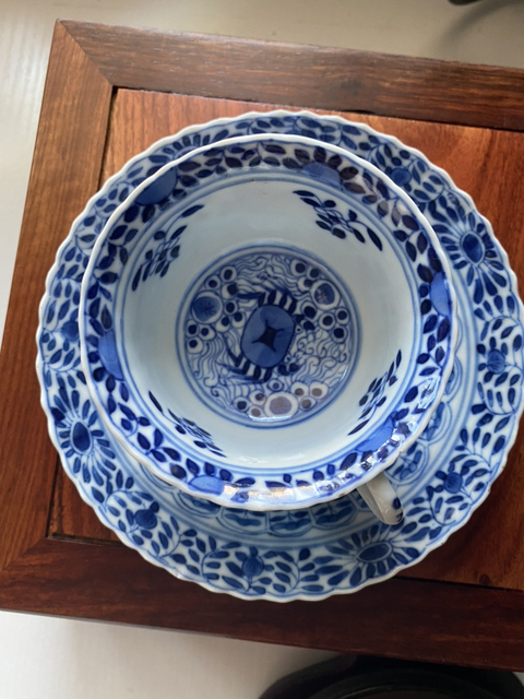 古玩陶瓷清晚-青花魚藻紋杯碟拍賣，當前價格1999元