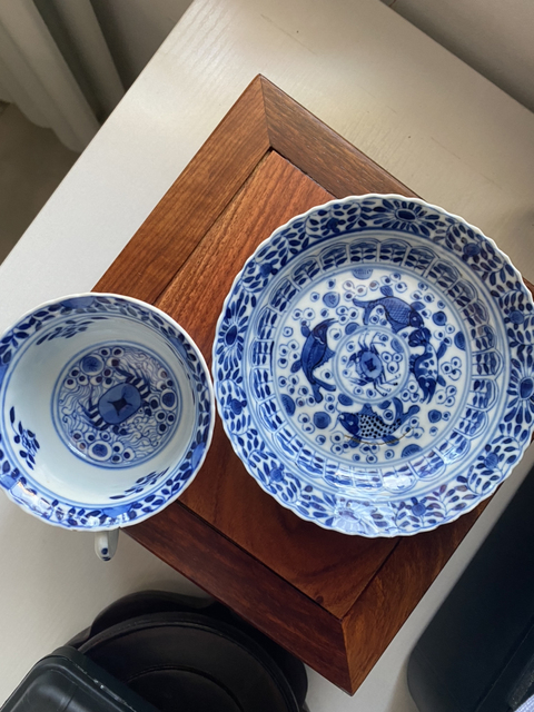 古玩陶瓷清晚-青花魚藻紋杯碟拍賣，當前價格1999元