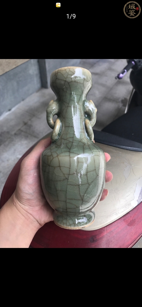 古玩陶瓷郎綠釉象耳銜環盤口瓶拍賣，當前價格13800元