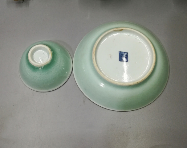 古玩陶瓷漂亮的豆青釉杯盤拍賣，當前價格999元