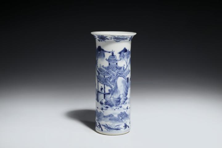 古玩陶瓷清晚·青花山水樓閣人物紋花插拍賣,當前價格3600元
