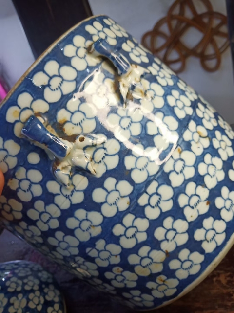 古玩陶瓷青花留白梅紋大蓋缸拍賣，當前價格6000元