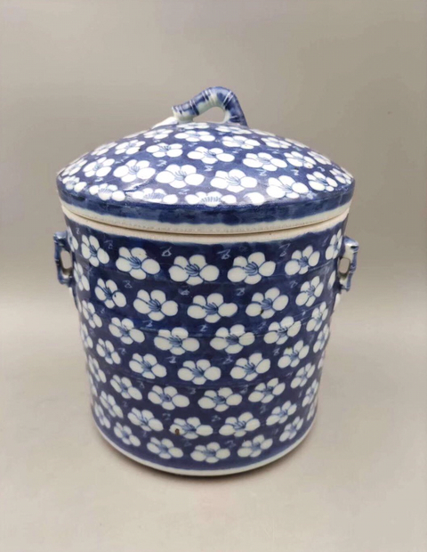 古玩陶瓷（精美細路）青花留白冰梅紋蓋缸拍賣，當前價格6888元