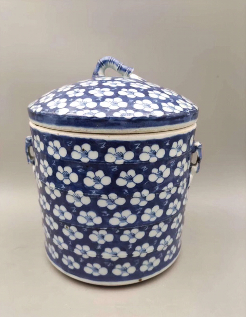 古玩陶瓷（精美細路）青花留白冰梅紋蓋缸拍賣，當前價格6888元