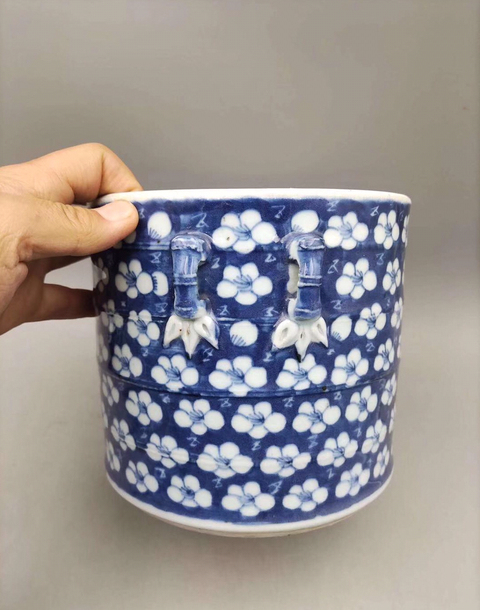 古玩陶瓷（精美細路）青花留白冰梅紋蓋缸拍賣，當前價格6888元