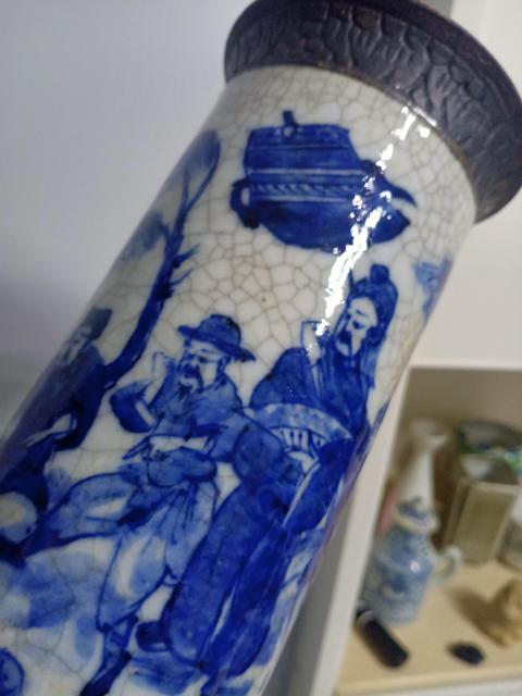 古玩陶瓷清晚，文王訪賢哥釉青花人物紋花插拍賣，當前價格2700元