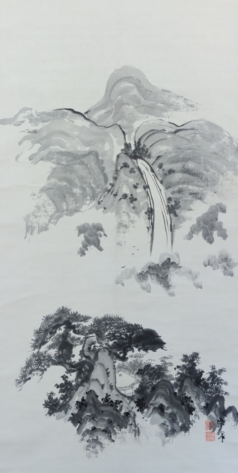 古玩字畫創匯時期原裝舊裱紫泉水墨山水立軸拍賣,當前價格199元