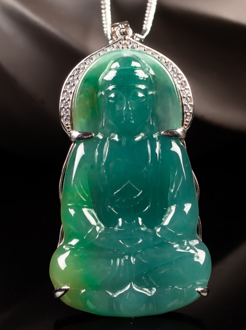 古玩玉器精品翡翠藍水種釋迦摩尼佛祖掛件拍賣，當前價格2000元