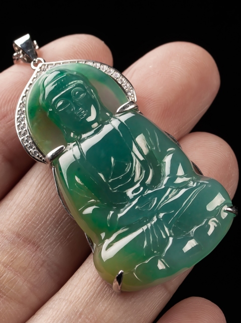 古玩玉器精品翡翠藍水種釋迦摩尼佛祖掛件拍賣，當前價格2000元