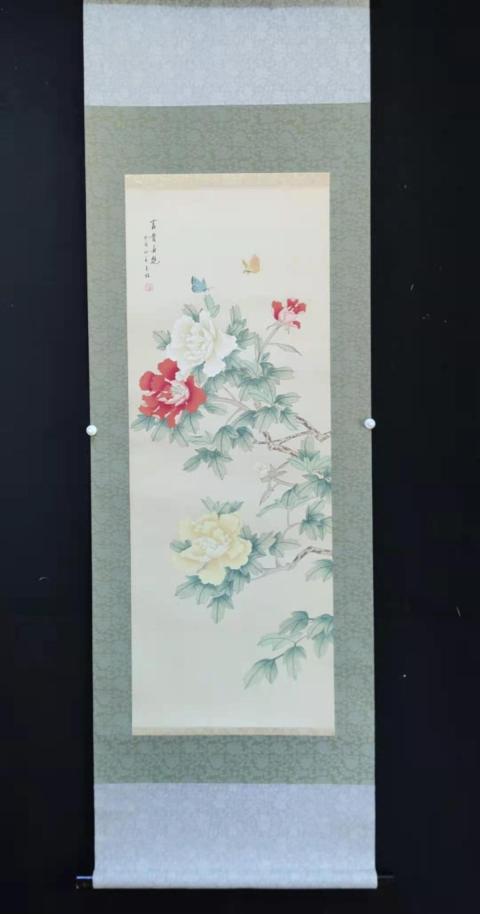 古玩字畫手工原裱絹本富貴春艷圖立軸拍賣,當前價格398元