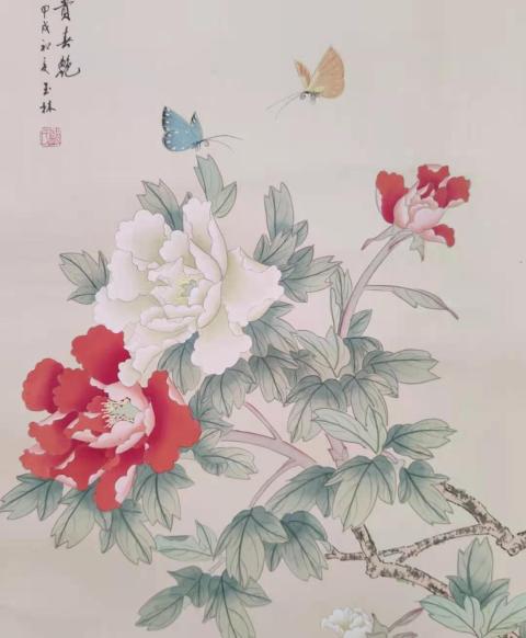 古玩字畫手工原裱絹本富貴春艷圖立軸拍賣,當前價格398元