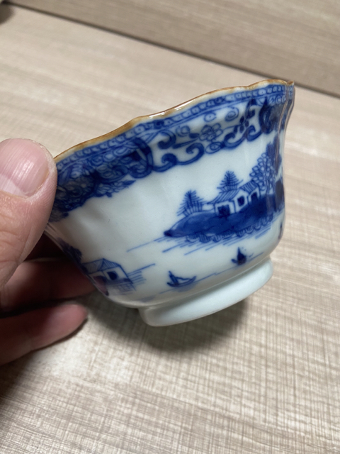 古玩陶瓷清乾隆—青花亭臺樓閣山水紋精品葵口碗拍賣，當前價格3588元