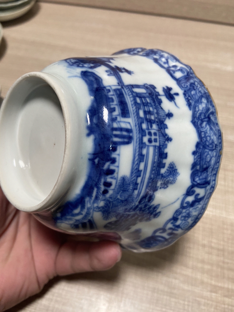 古玩陶瓷清乾隆—青花亭臺樓閣山水紋精品葵口碗拍賣，當前價格3588元