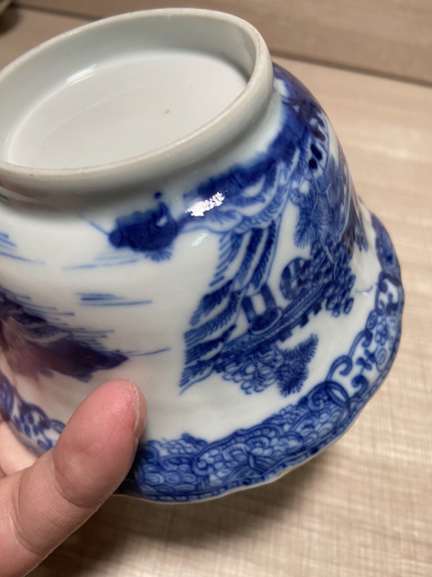 古玩陶瓷清乾隆—青花亭臺樓閣山水紋精品葵口碗拍賣，當前價格3588元