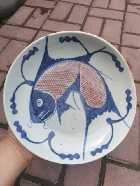 古玩陶瓷青花釉里紅魚藻紋盤拍賣,當前價格999元