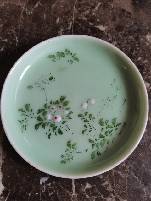 古玩陶瓷豆青釉綠彩花鳥紋盤一對拍賣，當前價格999元