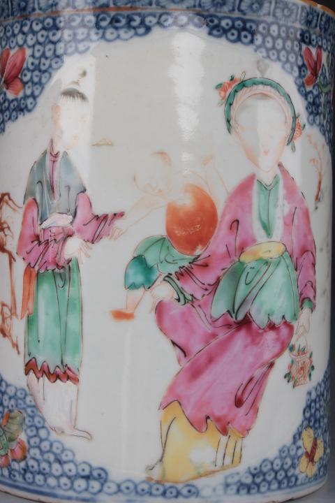 古玩陶瓷【*3938】清乾隆???青花加彩嬰戲圖紋把杯拍賣，當(dāng)前價(jià)格3700元