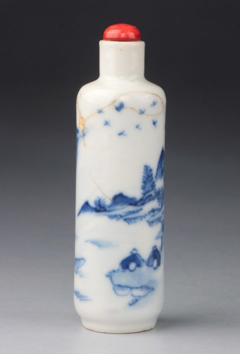 古玩陶瓷【3748】清康熙 青花通景山水高士圖鼻煙壺拍賣,當前價格2680元