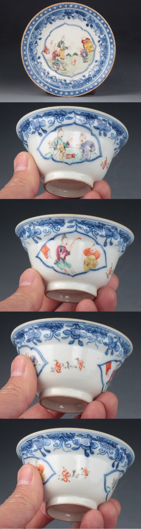 古玩陶瓷【*3623-24】清乾隆 青花粉彩庭院教子圖折腰杯碟拍賣,當前價格5000元