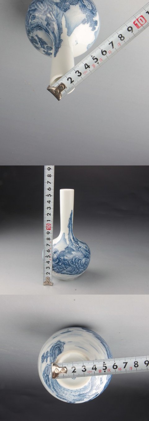 古玩陶瓷【*3891】567  藍料彩通景山水紋長頸瓶拍賣，當前價格3500元