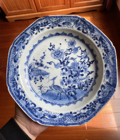 古玩陶瓷【乾隆】鳳求凰花鳥洞石紋青花盤拍賣，當前價格1999元