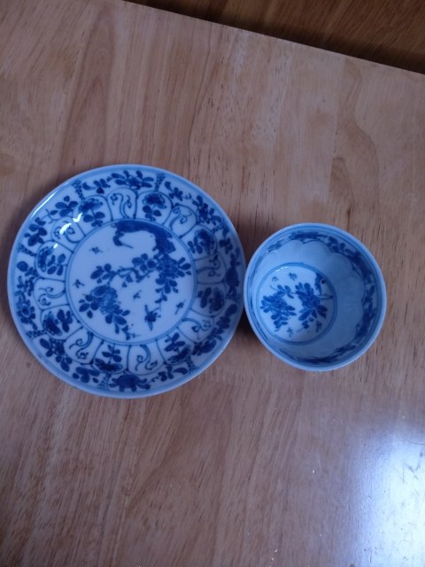 古玩陶瓷康熙青花花卉紋杯碟一套拍賣，當前價格1999元