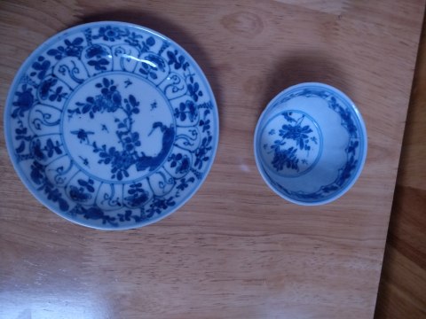 古玩陶瓷康熙青花花卉紋杯碟一套拍賣，當前價格1999元