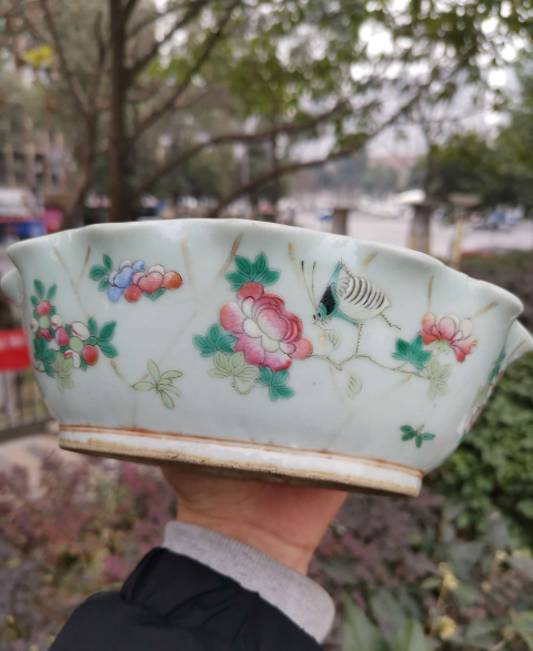 古玩陶瓷【*3796】清同治  豆青釉粉彩蟲趣花卉紋花口橢圓盤拍賣，當前價格3780元