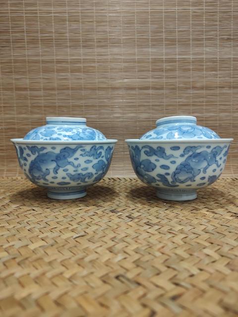 古玩陶瓷青花瑞獸蓋碗 一對拍賣，當前價格1999元