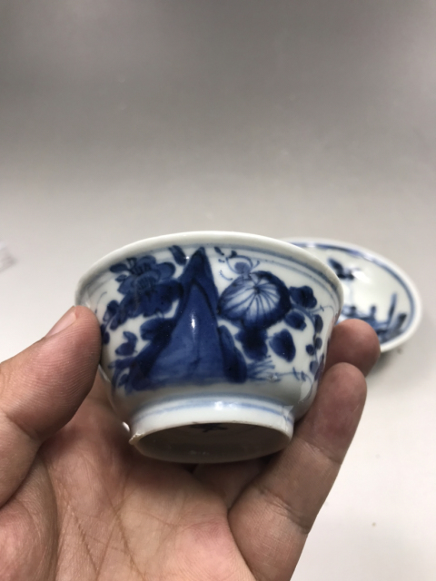 古玩陶瓷清康熙青花花蕾紋茶杯茶拖一套拍賣，當前價格1999元