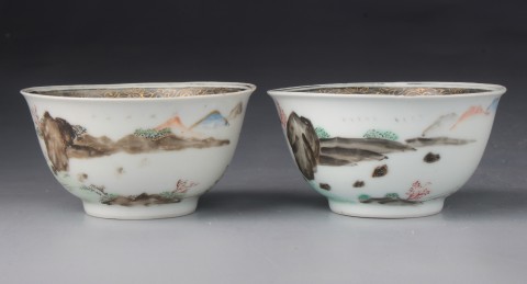 古玩陶瓷【3543-44】清雍正墨彩通景山水?dāng)y琴訪友圖杯拍賣(mài)，當(dāng)前價(jià)格23500元